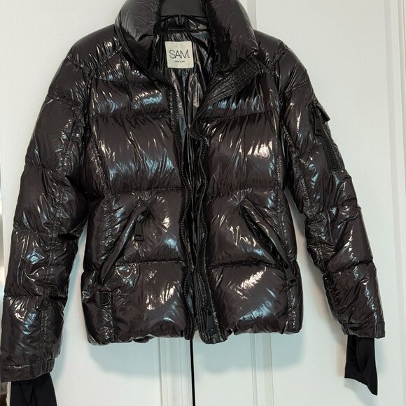 SAM. New York Glossy Down Puffer Jacket L Black/Charcoal | $395 Retail - Picture 10 of 10